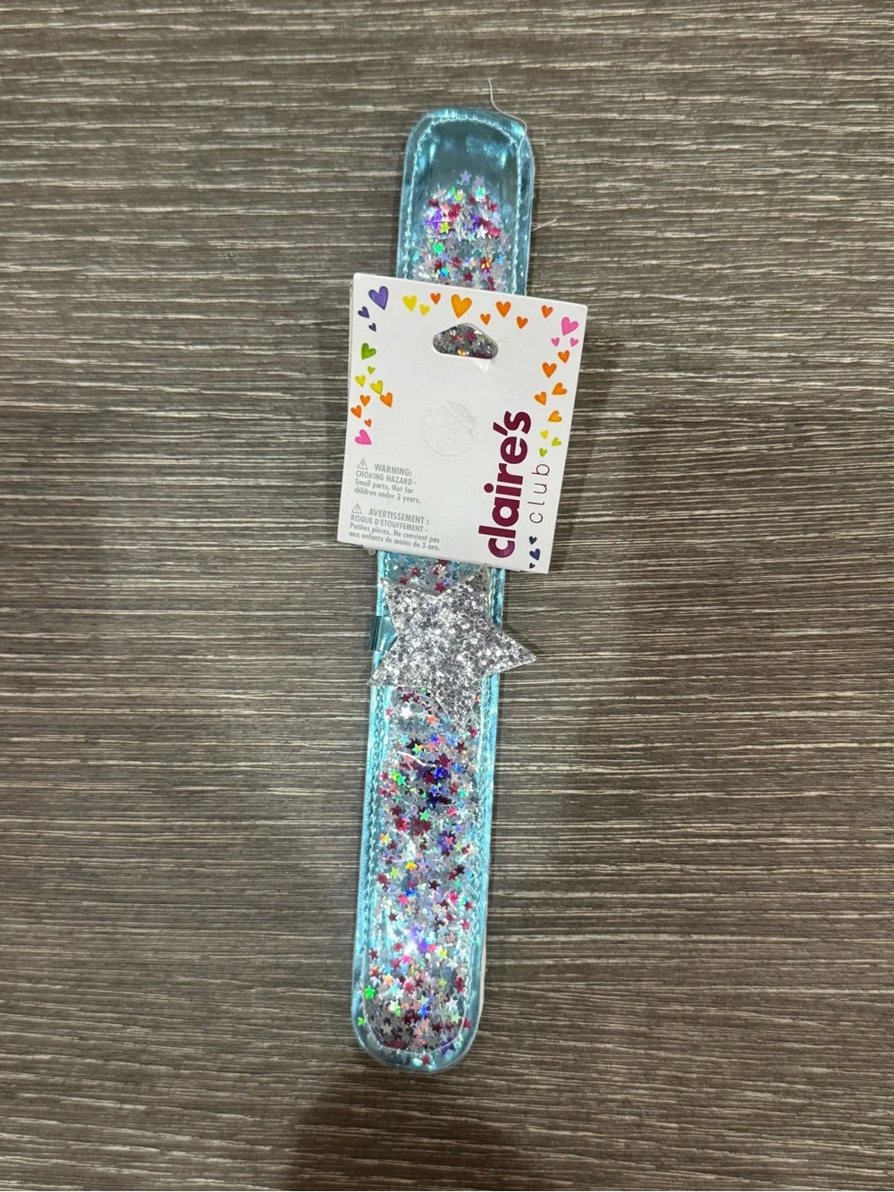 NWT Claire's Kids Silver Glitter Star & Blue Sequin slap bracelet